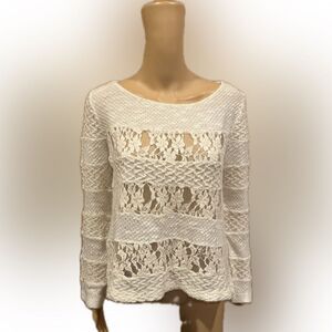 Meadow Rue Boho Loose Lace White Long-Sleeve Knitted Shirt Size S